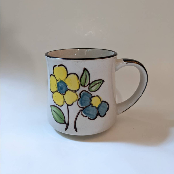 Vintage Mid-Century Floral Stoneware Mug, Bohemian Blue and Yellow Flowers - Picture 3 of 9